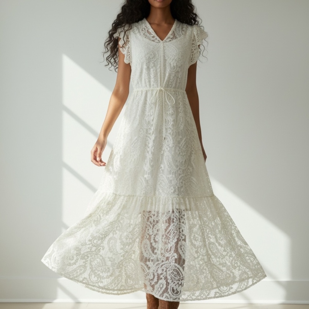 New Steve Madden Dress Paisley Floral Lace Maxi Dress in Natural Size Medium - Picture 3 of 17